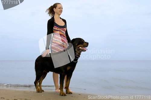 Image of rottweiler and woman on the beach