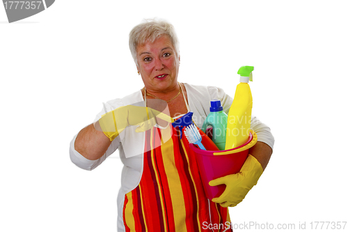 Image of Female senior with  cleaning utensils 