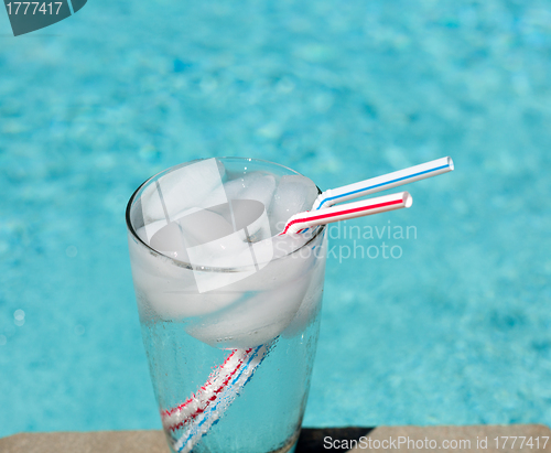 Image of Glass of water with ice cubes on side of pool