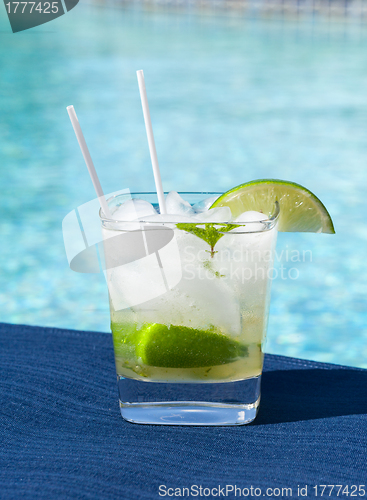 Image of Cocktail Majito on edge by poolside