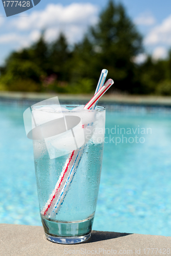 Image of Glass of water with ice cubes on side of pool