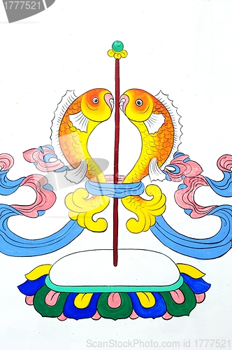 Image of Ancient Tibetan wall painting art of golden fish