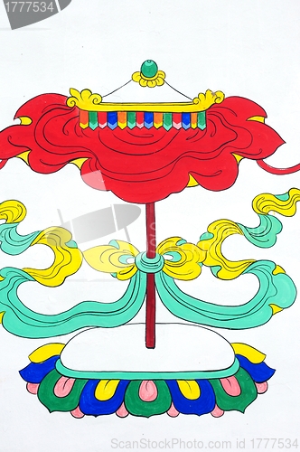 Image of Ancient Tibetan wall painting art of umbrella