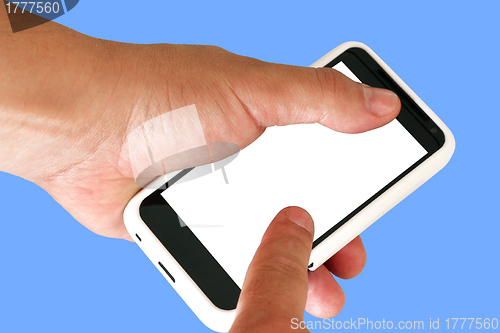 Image of Mobile phone with blank screen in a man's hand. 