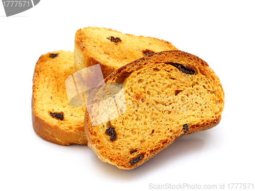 Image of group of sweet tasty rusks with raisins isolated on white backgr