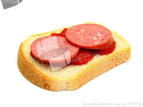 Image of Healthy sandwich with Ketchup sausage r on a white background