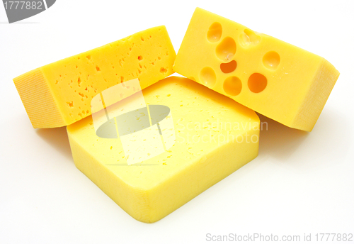 Image of three pieces of different kinds of cheese