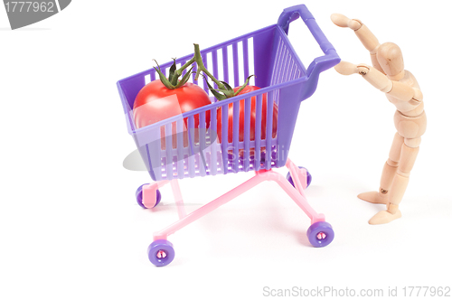 Image of Conceptual photo with wooden man and shopping-cart