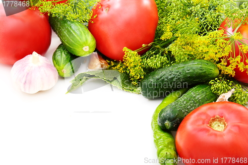 Image of Summer vegetables and spices for pickling.