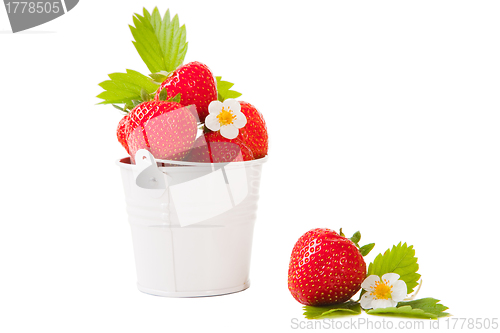 Image of bucket with fresh strawberry on the isolated white