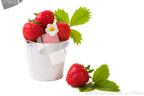 Image of bucket with fresh strawberry on the isolated white