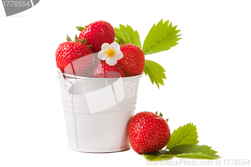 Image of bucket with fresh strawberry on the isolated white