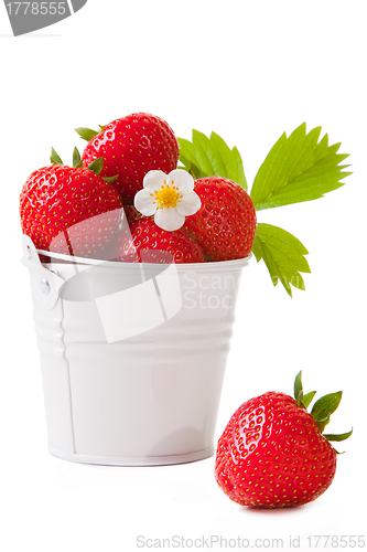 Image of bucket with fresh strawberry on the isolated white