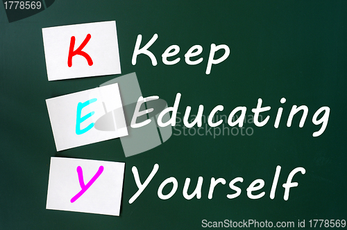 Image of KEY acronym -Keep educating yourself on a blackboard with sticky notes