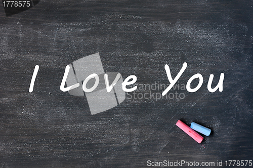 Image of I love you - written with chalk on a Smudged blackboard background