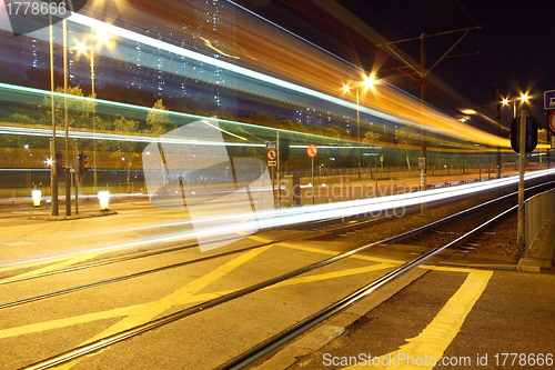 Image of Light rail at night in Hong Kong, it is a kind of transportation