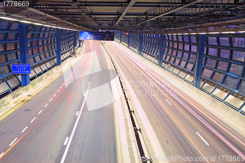 Image of Traffic in tunnel in Hong Kong at night