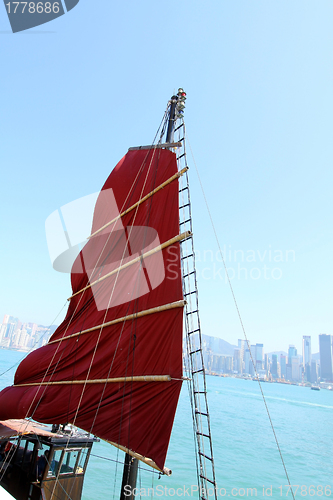 Image of Junk boat flag along the harbour in Hong Kong