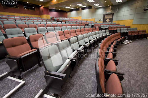 Image of Lecture hall with colorful chairs in a university