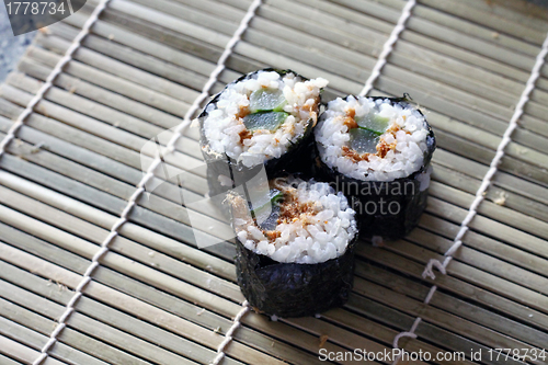 Image of Home made sushi on bamboo plate