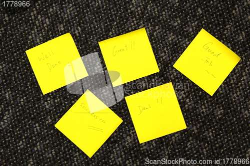 Image of Yellow memo papers with business wordings: Good Job, Deal, Great