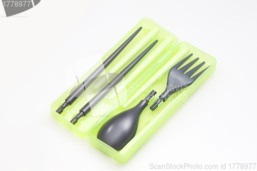 Image of Environmental friendly utensils: chopsticks, spoon, fork. 