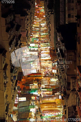 Image of Temple Street with many booths in Hong Kong