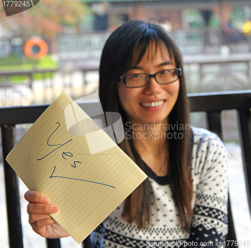 Image of Asian woman with YES sign