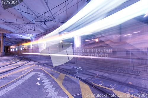 Image of Light rail in Hong Kong at night