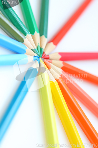 Image of Color pencils in arrange in color wheel colors on white backgrou