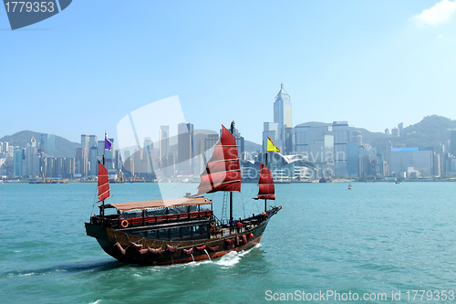 Image of Junk boat along Victoria Harbour in Hong Kong