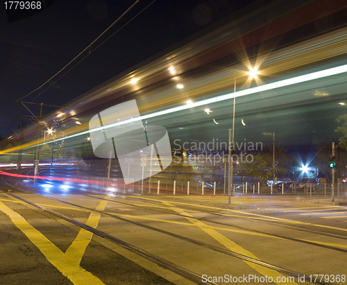 Image of Light rail at night in Hong Kong