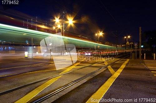 Image of Light rail in Hong Kong at night