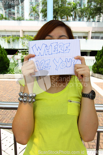 Image of Asian woman with "where are you" words