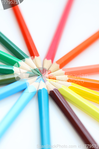 Image of Color pencils in arrange in color wheel colors on white backgrou