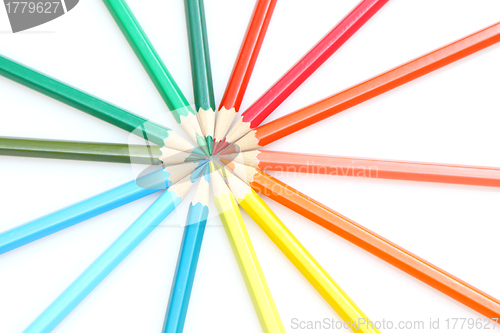 Image of Color pencils in arrange in color wheel colors on white backgrou