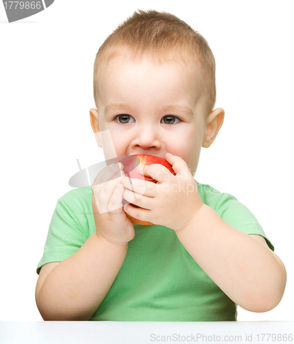 Image of Cute little child is biting red apple