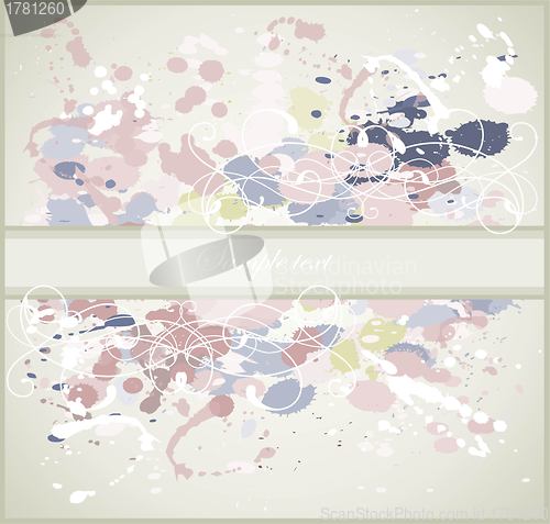 Image of Greeting card with splashes, drops  and  vignette. 