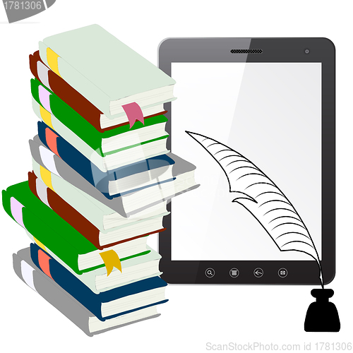Image of Tablet PC computer with a pen and ink with books
