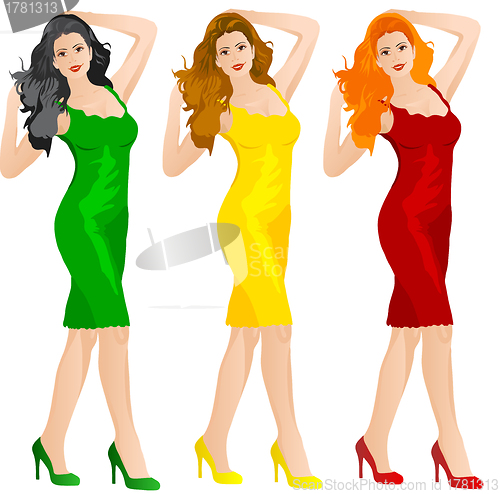 Image of Beautiful woman in red yellow and green dress