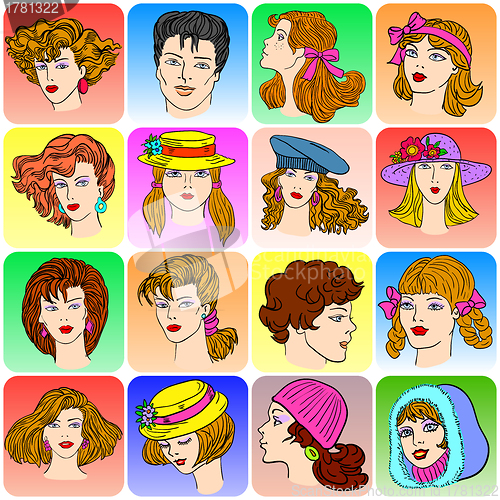 Image of Set of various cartoon male and female faces.