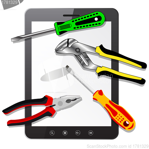 Image of  tablet PC computer  with tools  