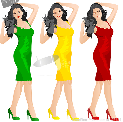 Image of Beautiful woman in red yellow and green dress 