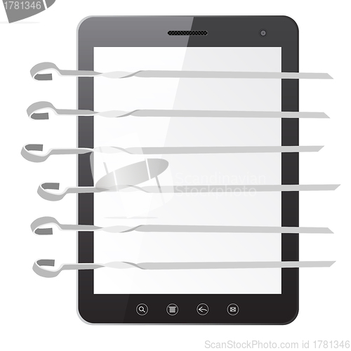 Image of Tablet PC computer with a barbeque and skewers 