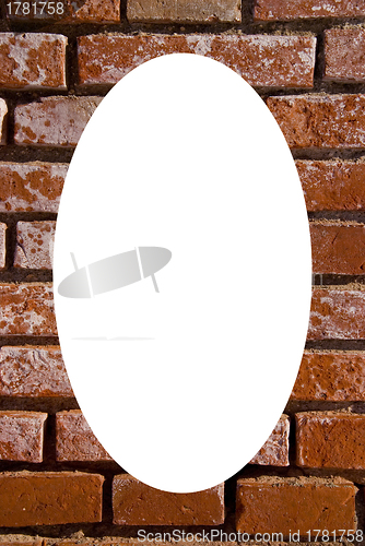 Image of Red brick wall fragment frame isolated white oval 