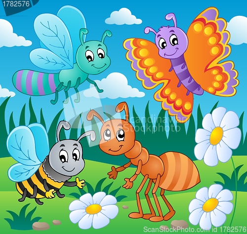 Image of Meadow with various bugs theme 2
