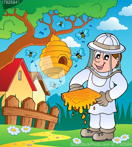 Image of Beekeeper with hive and bees