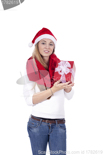 Image of young smiling girl with red hat and present christmas