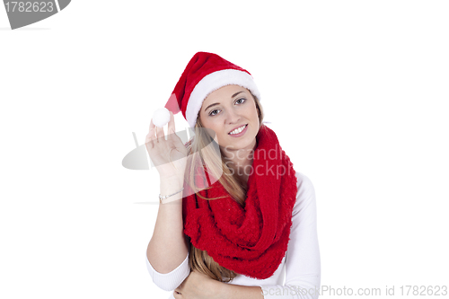 Image of young beautiful woman with red scarf and christmas hat