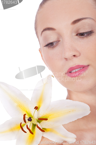 Image of young beautiful woman portrait with white flower